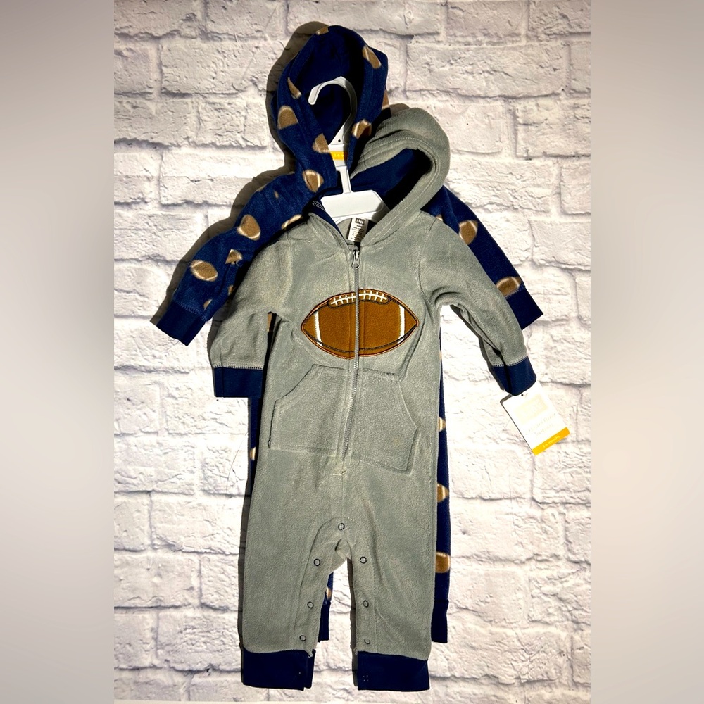 Bundle of 2 Hudson Baby Football Themed Pajamas opened feet  Sz 3-6M
